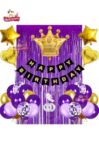 BKMC PARTY Μαύρο Banner - Μωβ Λιλά Χρυσό Σετ αλυσίδας γενεθλίων με μπαλόνι