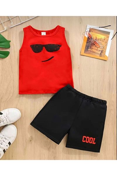 LOUİSA Red-Black Cool Printed T-Shirt and Shorts Set for Boy