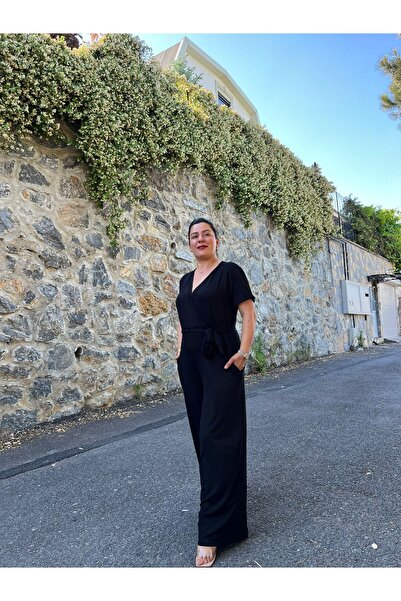 MJORA Black Viscose Double-breasted Collar Jumpsuit