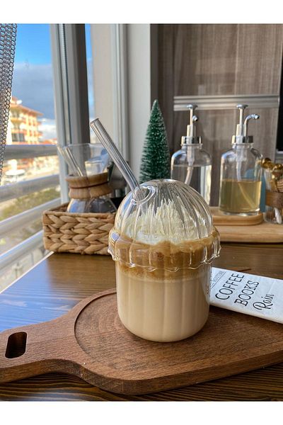 MİMOZA PARK 2 Pieces Heat Resistant Pinterest Cup with Glass Oval Lid| Coffee And Presentation Cup| 430ml