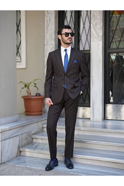 LONATOLİA Premium Men's Slim Fit Italian Style Punto Stitched Half Lined Suit Jacket Trousers-Light Brown