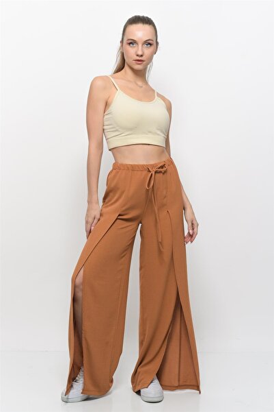 Nuseel بنطلون نسائي من قماش الكتان بفتحة أمامية وخصر مطاطي فضفاض باللون البني