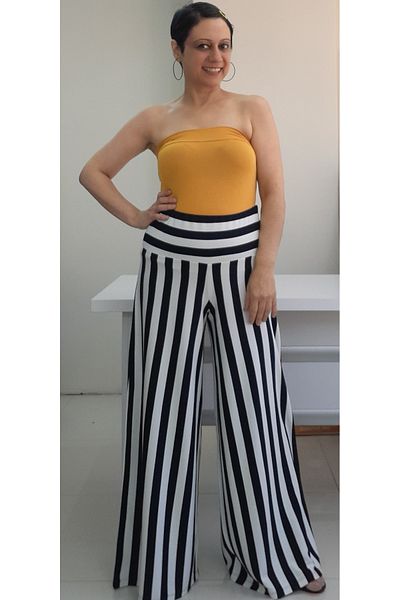 Mertcan Butik Navy Blue and White Striped Rubber Waist Steel Knitted Skirt - Wide Leg