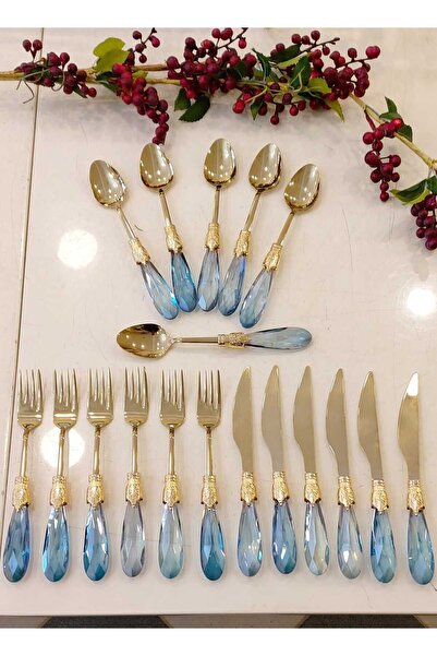 Genel Markalar 18 PARCA DAMLA KRİSTAL MODEL MAVİ RENK TATLI SETİ