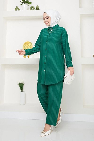 Swana Women's Striped Hijab Set Model Crepe Fabric 2-Piece Set-Emerald