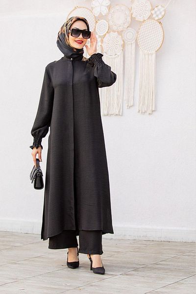 Swana Linen Long Tunic Trousers Set-Black