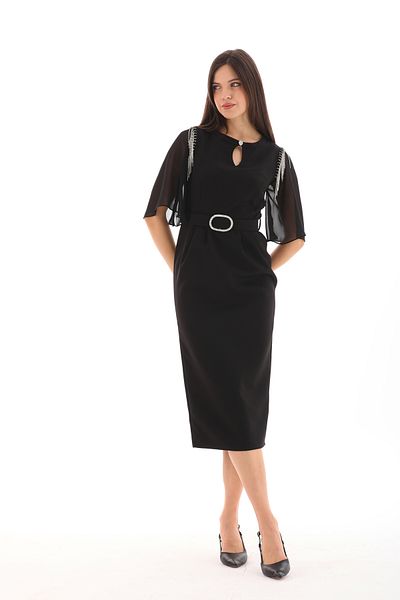 Moda Tuğram Μαύρο Midi Βραδινό Φόρεμα - Λεπτομέρεια με Ζώνη