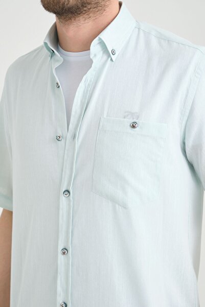 Varetta Men's Water Green Linen Effect Cotton Pocket Summer Short Sleeve Shirt