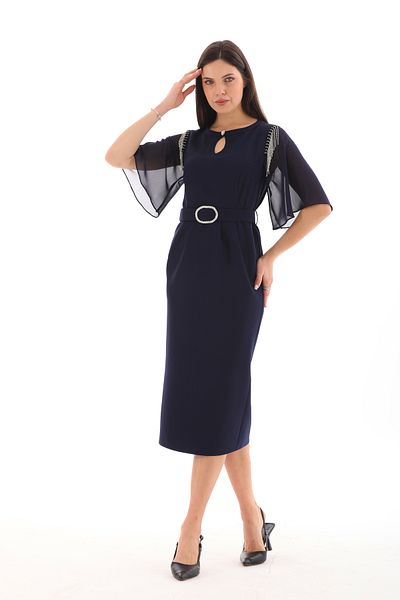 Moda Tuğram Navy Blue Midi Evening Dress - Belt Detailed
