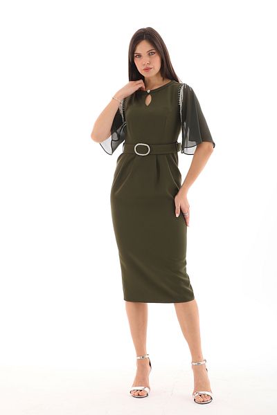 Moda Tuğram Βραδινό φόρεμα Khaki Midi - Λεπτομέρεια με ζώνη