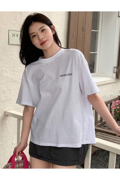 FAVORİST Βαμβακερό μπλουζάκι Oversize - GOOD LUCK Printed