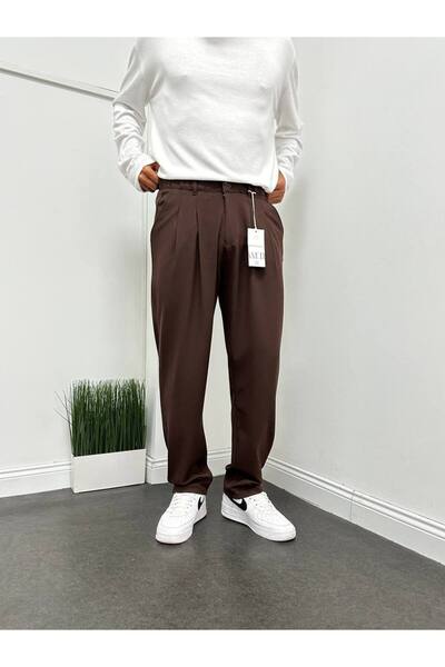 Gambocci Erkek Pileli Beli Lastikli Acı Kahve Baggy Rahat Kalıp Kumaş Pantolon