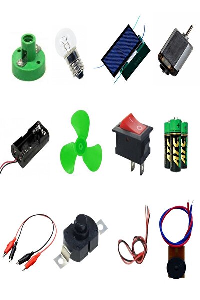 EmAyCenter Okul Deney Seti - 8 Güneş Paneli, Duy, Anahtar, Pil, Motor, Krokod...