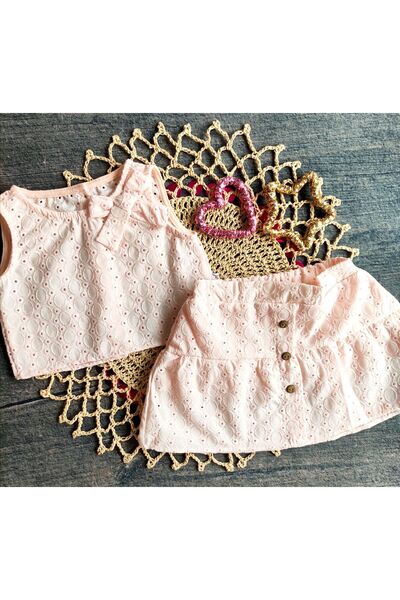 eladamoda Powder Pink Scallop Blouse and Skirt Set - Button Detail and Lined