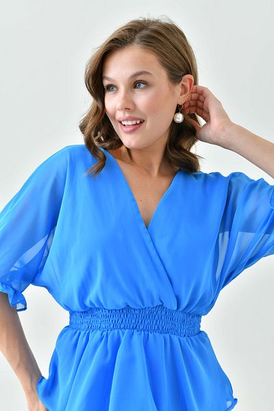 WOMAN VISION Rochie albastra din sifon cu guler dublu - Talie Gippeli, captusita 3447