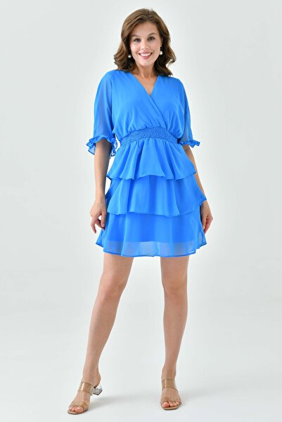 lovebox Синя сукня з кружевом на комірі з шифону - з підкладкою та гіппелем на талії, модель 3447