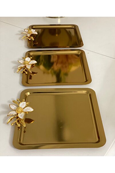 Elzemm store نمط زهور كبير - مربع ذهبي اللون 3 قطع صينية تقديم وعرض