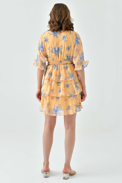WOMAN VISION Sárga virágmintás elasztikus derékú sifon ruha - duplasoros gallér 3447