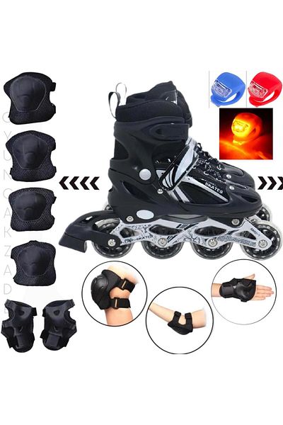 Depomiks Avm Yellow Lighted Wheel Adjustable Children's Training Roller Skates 2 Function Knee Pad Protective Set
