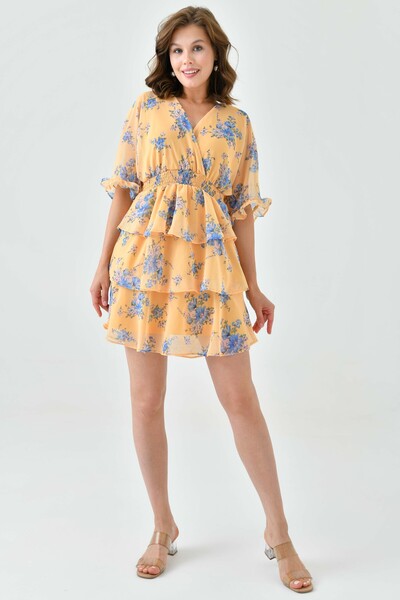 lovebox Жовта квіткова візерункова гіпсова талія - круаза комір шифонова вечі...