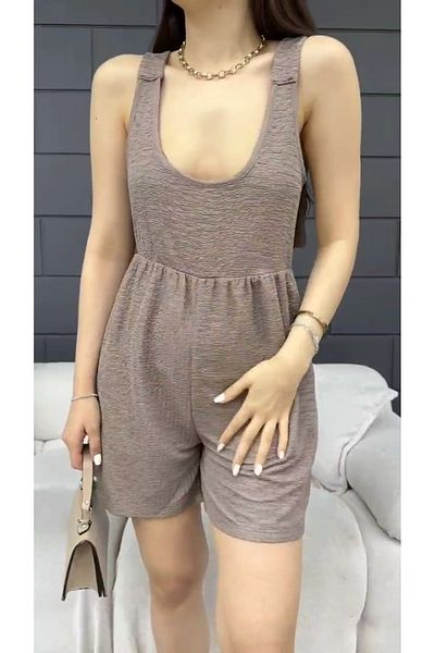 Fav Style Κοντή φόρμα U Neck Mink - Σορτς με χοντρές τιράντες με κορδόνι στη μέση και τσέπες