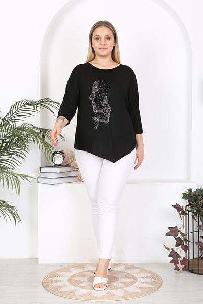 LİKRA Women's Plus Size Stone Front Asymmetric Cut Flexible Viscose Tunic