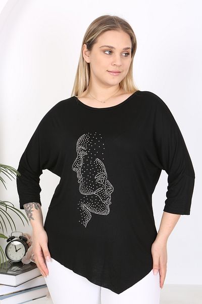 LİKRA Women's Plus Size Stone Front Asymmetric Cut Flexible Viscose Tunic