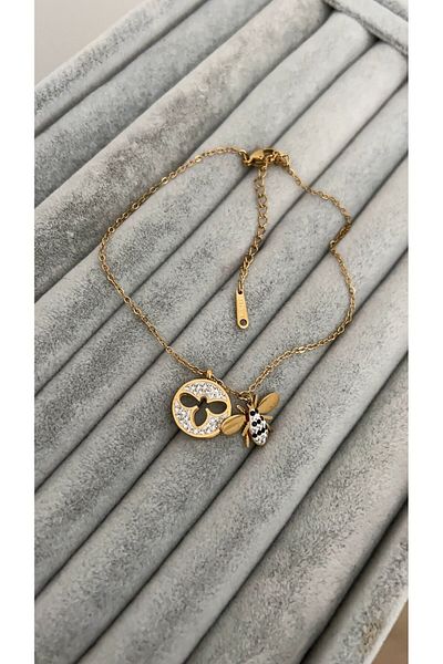 SU PERİSİ TAKI BİJUTERİ Steel Gold Zircon Stone Bee Anklet