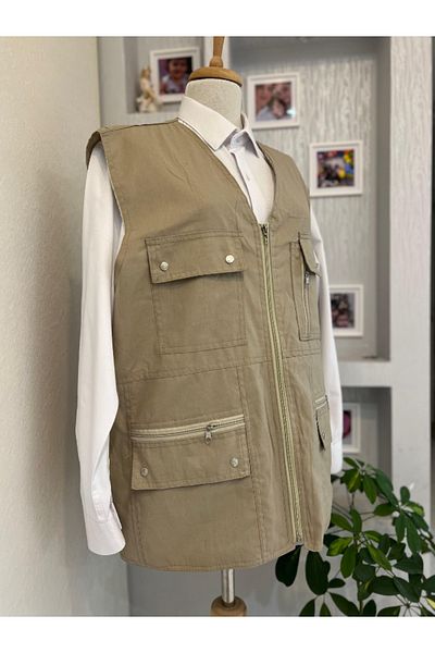 DENİZLİFE KTN Battal Plus Size Summer and Spring Vest - Multi Pockets and Linen Zipper