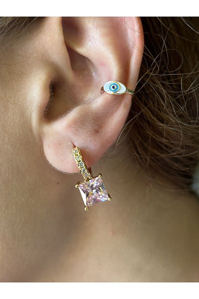 ByMerve Bym148 Pink Crystal Hoop Earrings with Gold Stones - Women