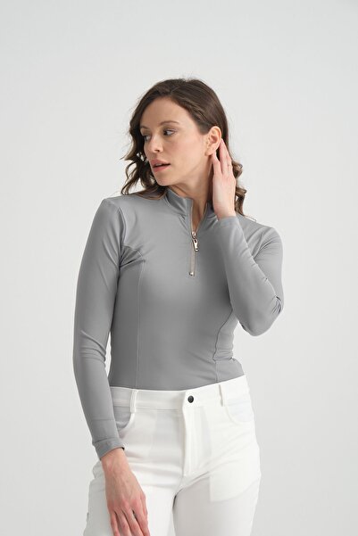 PEUR RIDER SHOP Γυναικείο μακρυμάνικο γκρι μπλουζάκι Rider με φερμουάρ