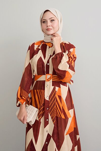 InStyle Sukienka z wiskozowym paskiem w geometrycznym kolorze ceglastym