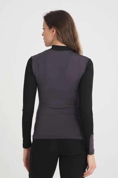 PEUR RIDER SHOP Γκρι και μαύρο γυναικείο μπλουζάκι με φερμουάρ με μακρύ γαρνιτούρα στην πλάτη