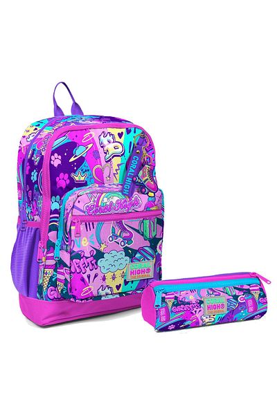 Coral High Set rucsac și suport stilou pentru școală primară pentru fete cu model graffiti