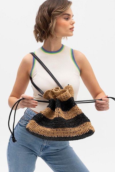 Matthew Cox MATTHEWCOX Women's Straw Shoulder Bag - Camele Black, Drawstring HSR1194