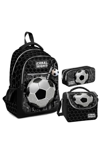 Coral High Geantă de școală primară cu model de fotbal negru cu trei ochi pentru băiat