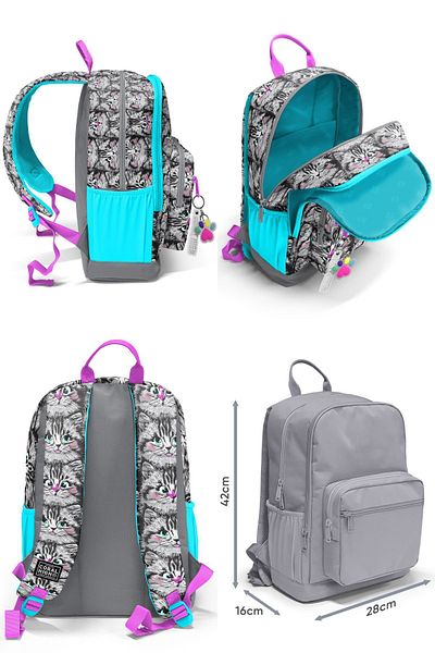 Coral High Gray Cat Patterned Backpack and Pen Holder Set for Junior High School - Girl