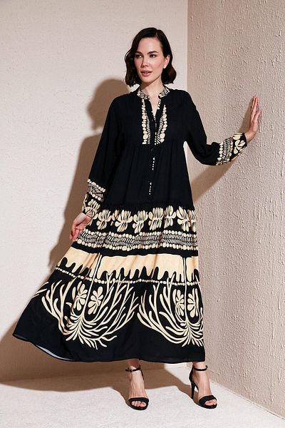 Lela Modest Patterned Relaxed Fit V-neck Long Dress DRESS66924232S4