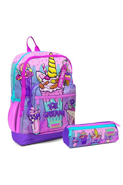 Coral High Set rucsac și suport stilou pentru școala primară pentru fetiță - înghețată roz violet