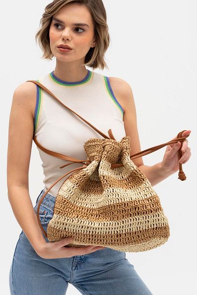 Matthew Cox MATTHEWCOX Women's Shoulder Bag - Straw, Drawstring, Camel Beige HSR1194