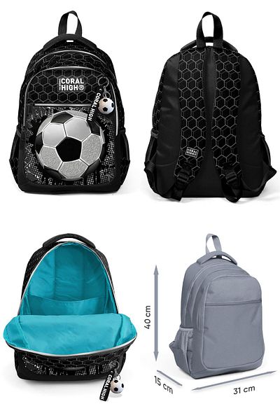 Coral High Geantă de școală primară cu model de fotbal negru cu trei ochi pentru băiat