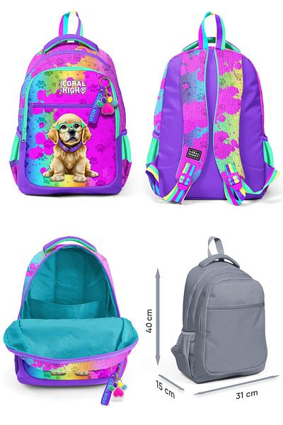 Coral High Purple Pink Dog Patterned Three-Eye Primary School Bag for Girl