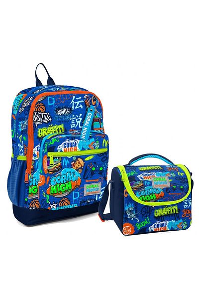 Coral High Rucsac de școală și set de prânz pentru băieți - 4 compartimente, Saks Graffiti