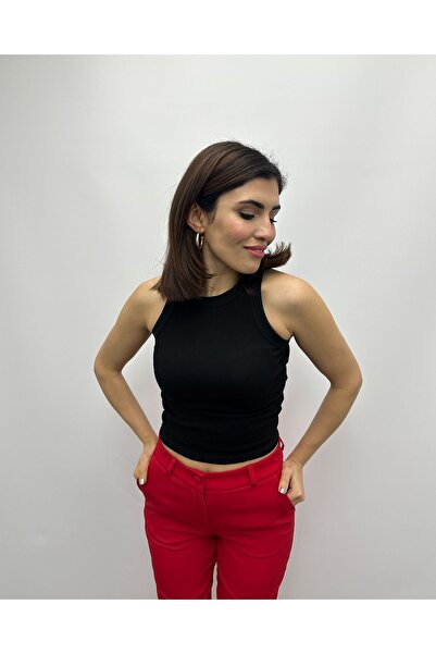 deqfashion Kadın Siyah Fitilli Halter Yaka Atlet