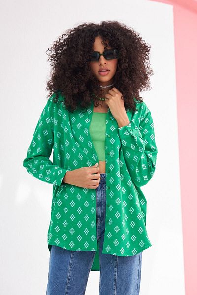 Orfeo Negro Geometric Patterned Oversized Jacquard Shirt Suitable for Hijab and Plus Size