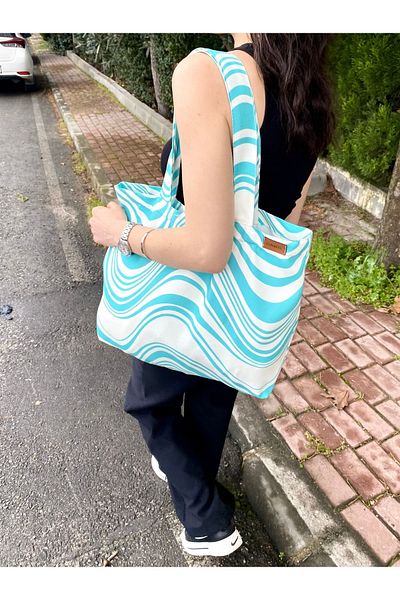 LUNAFEL Turquoise-White Striped Handbag and Shoulder Bag - Linen Cloth Bag (45x35cm)