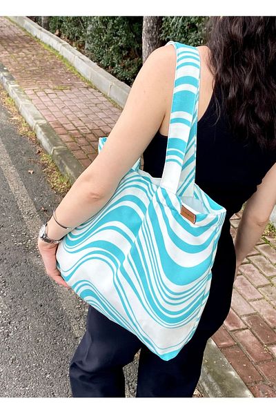 LUNAFEL Turquoise-White Striped Handbag and Shoulder Bag - Linen Cloth Bag (45x35cm)