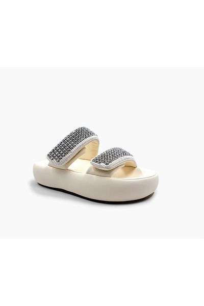 Guja Papuci Bej Puff - Design Confort cu Velcro și Piatră