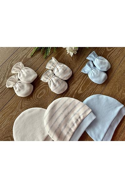 Renkli Puset Organic Set of 6 Newborn Baby Gloves and Hats Striped