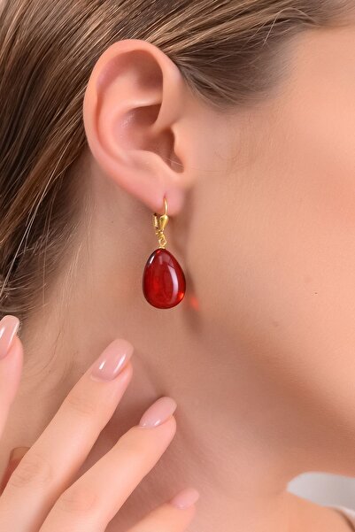 Amberistan Altın Kaplama 925 Ayar Gümüş Kırmızı Kehribar Küpe